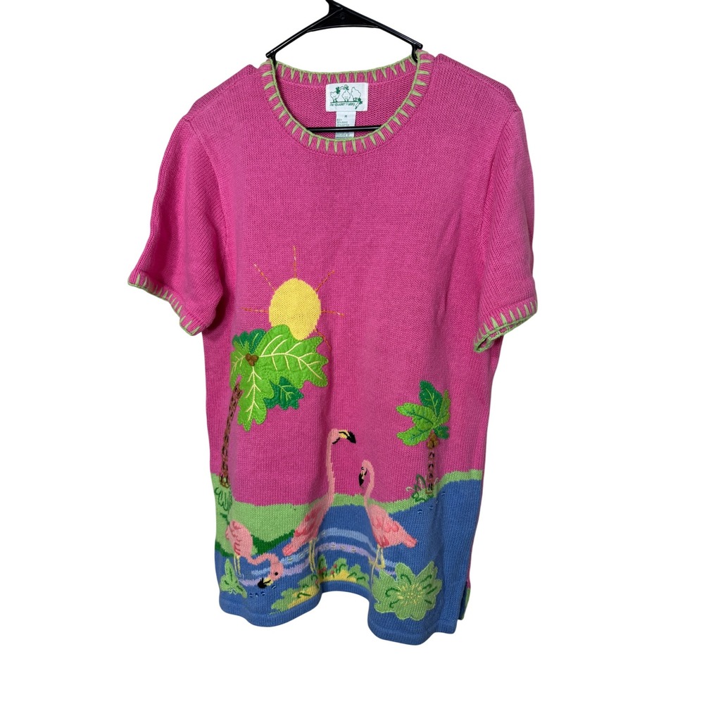 Vintage The Quaker Factory Pink Flamingo Palm Tree Sweater Tunic Top Knit‎